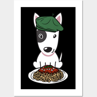 Dog eating Spaghetti - bull terrier Posters and Art